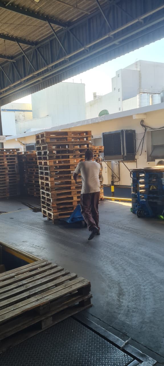 Paleteira manual transportando pilha de pallets